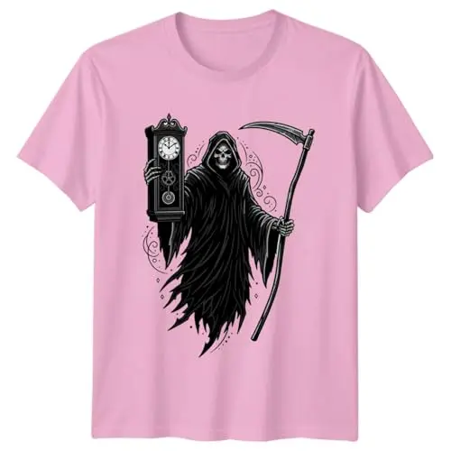 Image of Sassy Souls Grim Reaper Skeleton Holding Clock and Scythe T-Shirt Memento Mori Gothic Art Horror Niche Halloween Birthday for Him and Her S Light Pink