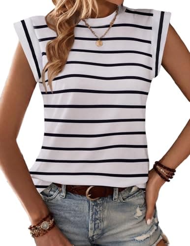 Image of Zeagoo Womens Vests Cap Sleeve Tank Tops Scoop Neck Ladies Vest Tops Sleeveless Basic Tshirt for Summer Black Stripes S