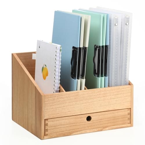 Image of KIRIGEN Wooden Desktop File Organiser with Drawer, 4 Compartments, Desk File Storage Manager, Wooden Folder Organizer for School and Office(4K-NA)