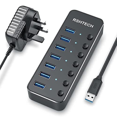 Image of RSHTECH USB Hub Powered 7 Port USB 3.0 Data Hub Aluminum USB Extension Splitter with Individual On/Off Switch Universal AC to DC 5V Power Adapter (RSH-518)