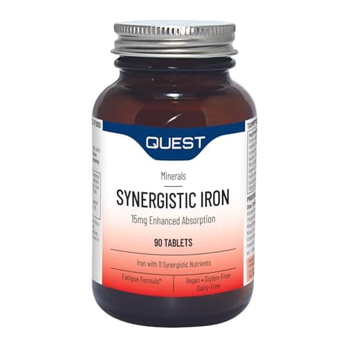 Image of Quest Synergistic Iron 15mg Tablets with Vitamin B, C & Copper. Helps Reduce Tiredness & Fatigue Plus Formation of Red Blood Cells & Immune Support. Vegan & Gluten Free Formula. (90 Capsules)
