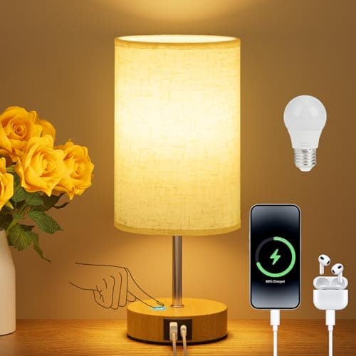 Image of Suright Bedside Lamps, Touch Lamps Bedside with USB A+C Charging Ports, 3-Way Dimmable Table Lamp, Small Lamp for Living Room Bedroom with Linen Fabric Shade (LED Bulb Included)