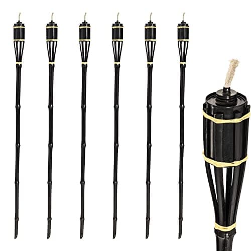 Image of 6X Black 113cm Bamboo Garden Fire Torches - Outdoor Paraffin Lamp Oil Burner Tiki Candle Flame Lantern Stake Light - By Harbour Housewares