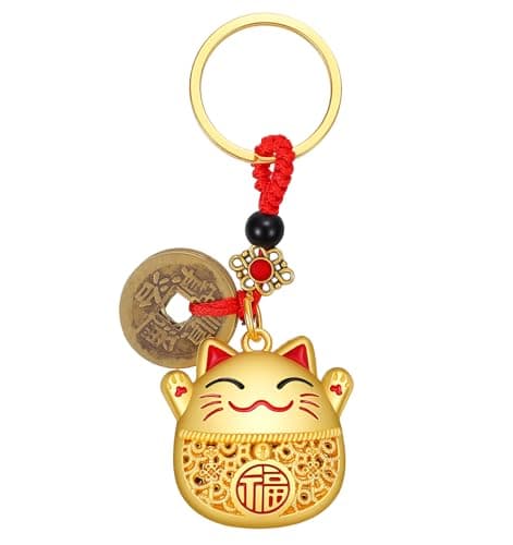 Image of Thrymme Lucky Cat Keyring, 9.8 cm Cat Keyring, Gold Cats Keyrings for Women Girls Kids, Gift Bag Charm & Purse Accessory