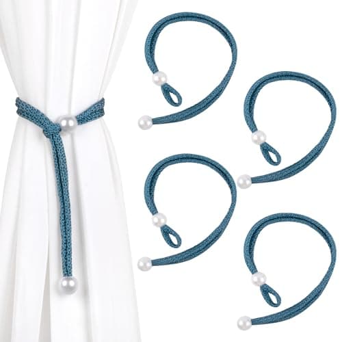 Image of Dalababa 2 Pair Curtain Tie Backs Rope, Polyester Hand-Woven Drapery Holdbacks, Pearl Curtain Tiebacks Straps Buckles for Home Decor (Blue)