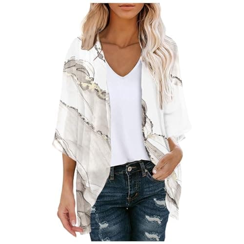 Image of Generisch Women Chiffon Floral Print Puff Sleeve Loose Cover Up Casual Blouse Tops, khaki, M