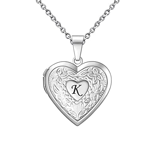 Image of KunBead Jewelry Letter K Initial Picture Photo Heart Locket Alphabet Name Birthday Pendant Necklace for Women Girls Stainless Steel