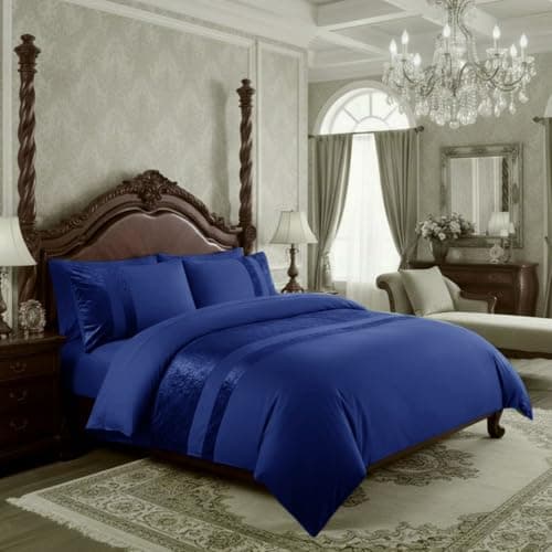 Image of Casabella Luxury Crushed Velvet Panel Band Duvet Cover Sets with Pillow Case Double Duvet Cover Bedding Set – Navy Crush Velvet Double Duvet Cover Sets
