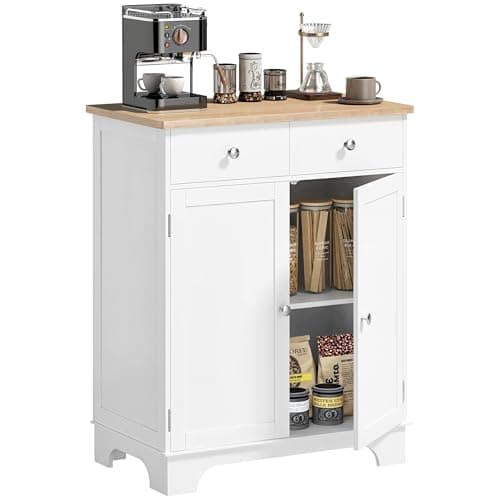 Image of HOMCOM Kitchen Floor Cabinet Side Storage Cupboard Multi-use Sideboard Table with Solid Wood Top, Adjustable Shelf,Drawer for Dining Room, Living Room,Hallway