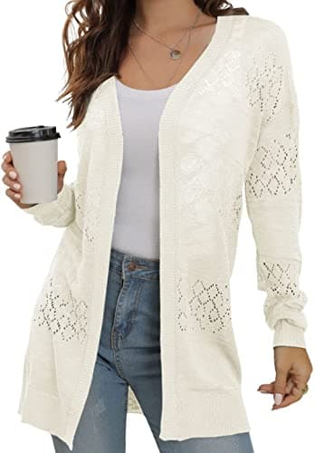 Image of GRECERELLE Summer Cardigans for Women UK Lightweight Lace Hollow Out Knit Soft Long Sleeve Open Front Beach Coverups Ladies Solid Color Sun Protection (White, XL)