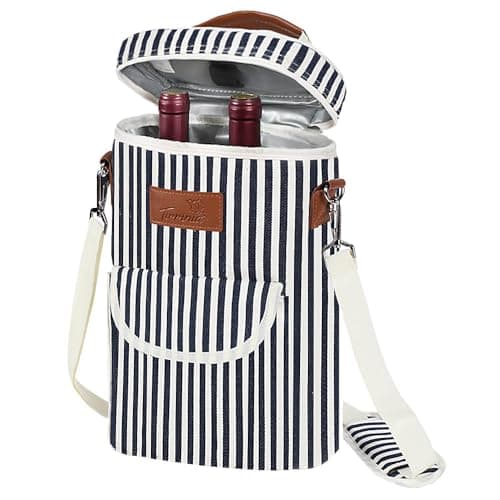 Image of Kato Tirrinia Insulated Wine Cooler Bag Leakproof Padded Portable Wine Carrier with Shoulder Strap 2 Bottle Wine Bag for Camping Travel Beach Picnic Wine Lovers Gift Stripe