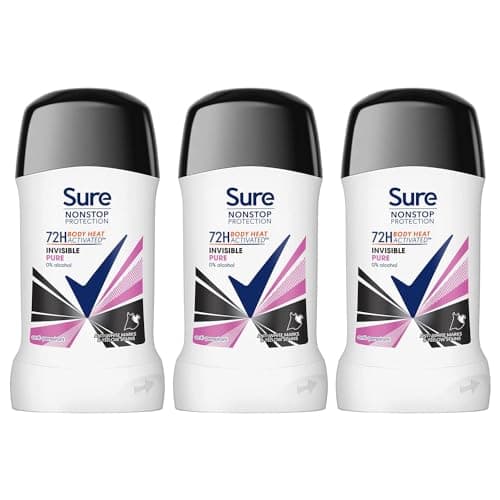 Image of Sure Antiperspirant Deodorant Stick Invisible Pure 72H Nonstop Sweat and Odour Protection Roll On with Fresh and Light Scent Deodorant for Women, 50ml Pack of 3