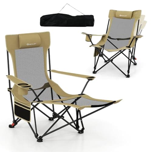 Image of COSTWAY Folding Camping Chair, 2 in 1 Portable Reclining Camp Chair with Detachable Footrest, Adjustable Backrest, Storage Bag, Cup Holder & Headrest, Outdoor Lawn Chair for Fishing & Picnics (Khaki)