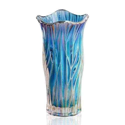Image of Large Glass Vase for Flowers, Tall Blue Vase Crystal Coloured Flower, Modern Ornaments for Living Room Decorative Vases, Flower Vases for Office Bedroom Decor Birthday Gifts for Women