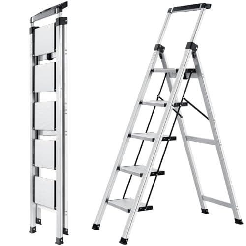 Image of XinSunho Step Ladder 5 Step, Aluminum Folding Step Stool with Retractable Handgrip & Removable Tool Tray, Lightweight Stepladders for High Closet, 330LBS Household 5 Step Ladder - Silver