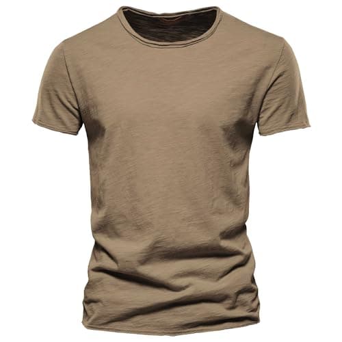 Image of Men's Round Neck Cotton Short Sleeve 2 Pack T-Shirts V-Neck Wide 3 T Shirts Casual Sport, Camel 1, S