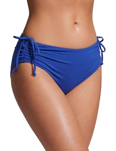 Image of CRZ YOGA Women's Middle Waisted Bikini Bottoms Adjustable Drawstring Side Tie Ruched Swim Briefs Athletic Sports Swimsuit Waves Blue 10