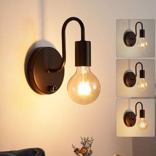 Image of Lightess Wall Lights Dimmable Wall Lamp with Switch E27 Socket Black Metal Bedroom Lamps for Living Room Garage Hallway (No Bulb)