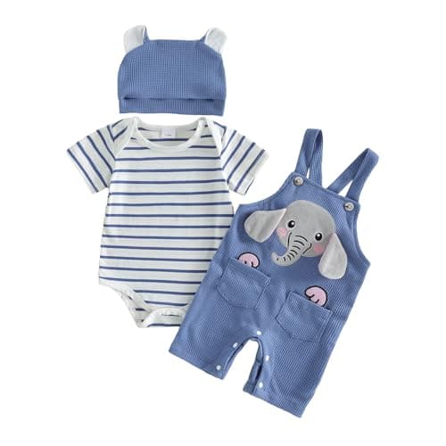 Image of Loalirando Newborn Baby Boy Clothes Outfit Striped Short Sleeve Romper Embroidered Elephant/Dinosaur Overalls Pants Hat Spring Summer 3Pcs Clothing Set (Blue, 3-6 Months)