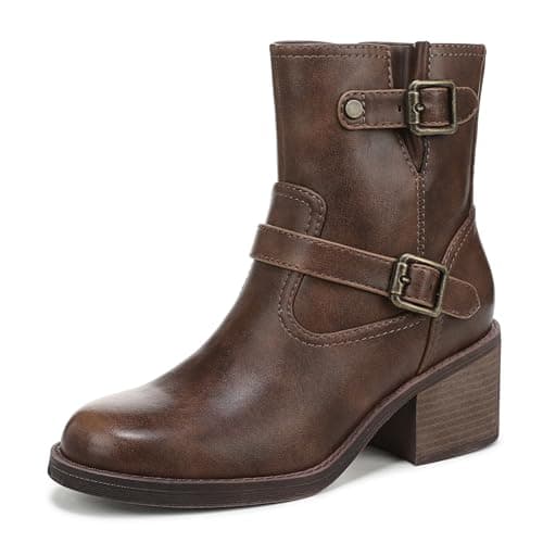 Image of Blowfish Malibu Women's Maeve Heeled Ankle Boots | 100% Vegan Faux Leather Moto-Inspired Bootie in Whiskey Brown | Block Heel Chelsea Boot with Buckle & Grommet Accents | UK 6