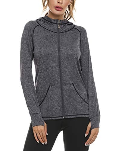 Image of Woman Plain Zip Up Hoodie Top Ladies Long Sleeve Sport Workout Hooded Jacket Sweatshirt Coat Hoody Jacket with Pockets and Thumb Holes Dark Grey