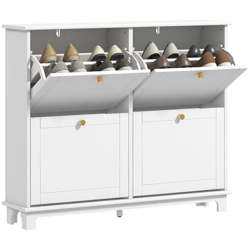 Image of HOMCOM Narrow Shoe Storage Cabinet for Hallway, Modern Slim Shoe Cabinet with 4 Flip Drawers and Adjustable Shelves for 16 Pairs of Shoes, White