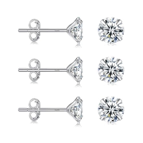 Image of 3 Pairs 925 Sterling Silver Earrings for Women, 5mm Hypoallergenic Cubic Zirconia Stud Earring Set, Comfortable Cartilage Sleeper Earrings Gift for Women
