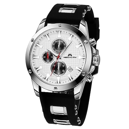 Image of MEGALITH Mens Chronograph Waterproof Watches - Silver Face Analogue Quartz Wrist Watches with Luminous Date and Black Rubber Band