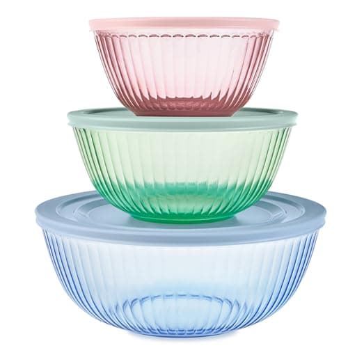 Image of Pyrex Colors (3-Pack, Full Set) Sculpted Tinted Glass Mixing Bowls with Lids, Nesting Space Saving Set of Bowls for Prepping and Baking, 1.3QT, 2.3QT & 4.5Q, (Pink, Green, Blue)