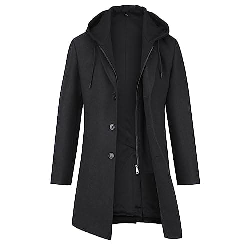 Image of YOUTHUP Men's Wool Trench Coat Winter Thick Peacoat with Removable Hood Casual Overcoat, Black, L