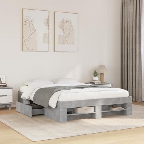Image of SooIarix Concrete Grey Bed Frame, 120 x 190 cm, Wood Material with Slatted Frame, Storage Space with Drawers and Compartments, Sturdy Box Bed for Restful Sleep and Bedroom Organisation