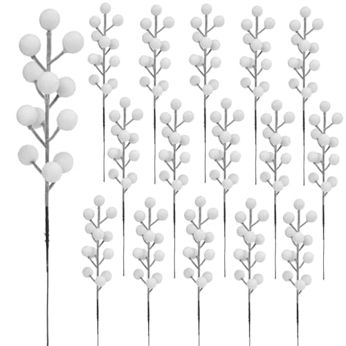 Image of KKSTY 16 Pieces White Velvet Berry Stems - 22cm Artificial Christmas Berries Picks for Xmas Tree Decorations, Wreath, Garland, DIY Crafts,Vase Filler,Party, Wedding, Home Décor