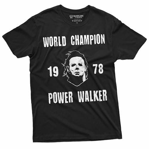 Image of Mike Myers Halloween T-Shirt Mens Michael Myers Teeshirt Champion Power Walker Tee, Black, Medium