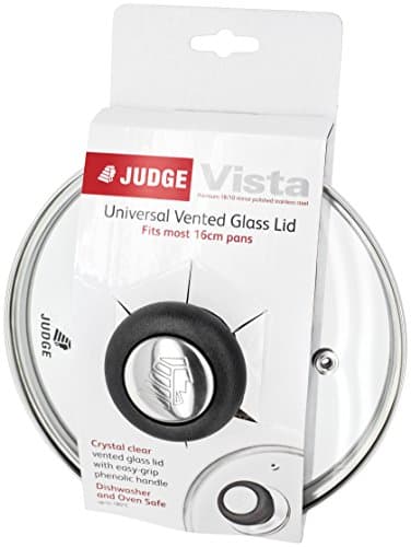 Image of Judge Vista 14cm Glass Lid – Tempered Glass with Stainless Steel Rim & Steam Vent – Durable, Dishwasher Safe Cookware Lid