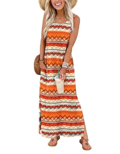 Image of WIHOLL Womens Summer Maxi Dress Casual Ladies Dresses Elegant Sleeveless Maxi Dresses for Women UK with Split and Pockets Size 10-12 Boho Burnt Orange