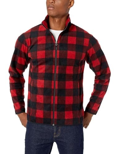 Image of Amazon Essentials Men's Full-Zip Fleece Jacket (Available in Big & Tall), Black Red Buffalo Plaid, S