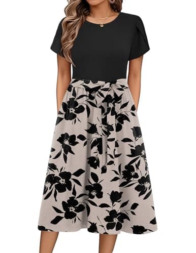 Image of Zeagoo Summer Dresses for Women UK Short Sleeve Crew Neck Sundress Casual Floral Wrap Waist Dress Swing Beach Midi Dresses with Pockets Black D L