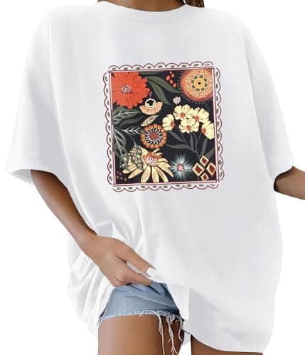 Image of Lonya Women's T-Shirts Oversized Tops for Women Y2k Oil Paint Flower Graphic Tee Round Neck Bohemia Vintage Ladies Short Sleeve Retro Summer Casual Baggy Cotton Tee Tops, D-White, S