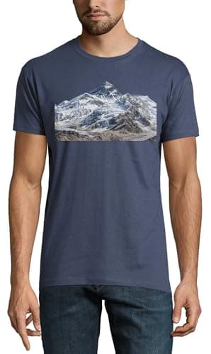 Image of Snow-Covered Mountain Peak Landscape Crew Neck Cotton Men's T-Shirt Denim X-Large