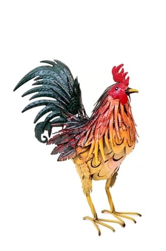 Image of Garden Haven ® "Harry The Rooster Metal Painted Garden Sculpture Ornament Decoration Standing Rooster 38cm Height x 35cm Wide