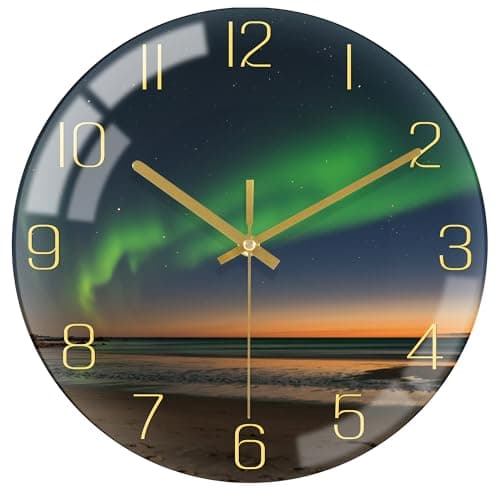 Image of VIKMARI 10 inch Green Aurora Wall Clock - Silent Battery Powered Aurora Night Sky Clock, Decorative for Living Room/Kitchen/Bedroom/Bathroom/Office