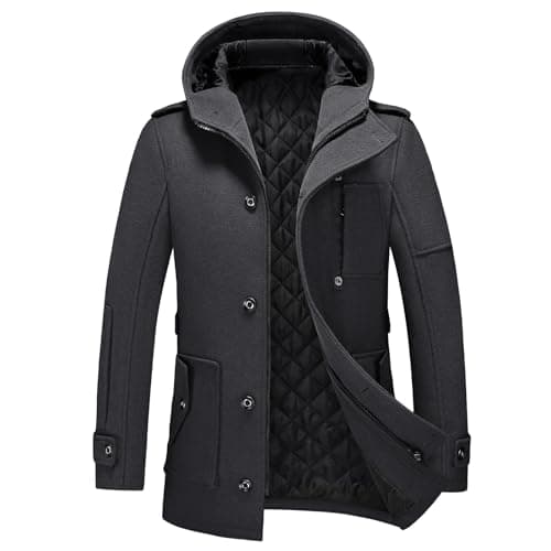 Image of KUDORO Mens Winter Coats Padded Single Breasted Outwear Thick Trench Wool Blend Peacoat with Hood(Black,L)