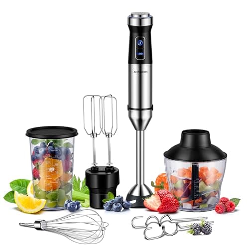 Image of SHARDOR Hand Blender,6 In 1 Hand Blenders For Kitchen,power 1200w,20-Speed & Turbo Stick Blender,Scratch Resistant Hand Whisk Electric With Dough Hooks,Egg Beaters,Whisk,800ml Beaker,600ml Chopper