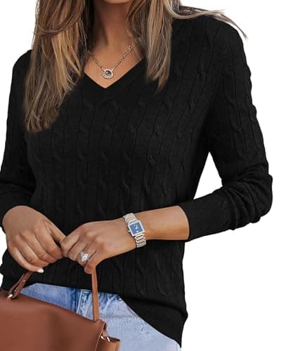 Image of Arach&Cloz Jumpers for Women Spring Fall V Neck Long Sleeve Cable Tops Casual Outfits Wool Blend Sweater (Black, M)