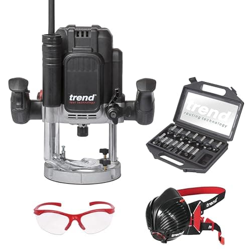 Image of Trend T12 Ultimate Routing Starter Set, T12EK Variable Speed Plunge Router (2300W, 1/2 Inch, 240V), 15-Piece 1/2 Inch Router Cutter Set, Dust Mask & Safety Glasses, T12/START/SET