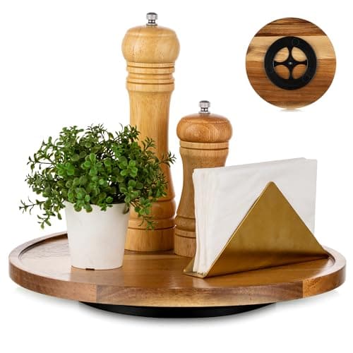 Image of Hanobe Round Wood Lazy Susan: 30cm Acacia Wooden Turntable Decorative Coffee Table Tray Centerpiece Decor Kitchen Organizer for Cabinet Counter