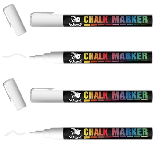 Image of WISYOK White Liquid Chalk Pens, 3mm Reversible Bullet & Chisel Point Chalk Markers, Erasable Chalk Marker Pens for Chalkboard, Window, Glass, Jars and Mirror- 4 Pack