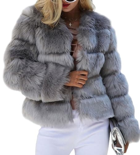 Image of loveimgs Women Warm Fluffy Cropped Puffer Jacket Faux Fur Coat Crop Parka Collarless Winter Teddy Bear Coat Overcoat, Grey, Medium