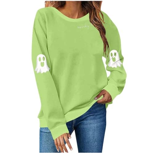 Image of AMhomely Halloween Sweatshirts for Women Ghost Printed Sweater Cute Spooky Bookish Shirt Autumn Pullover Tops Ladies Teen Girls Jumpers,H07- Green,M