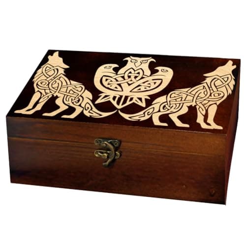 Image of arricraft 1 Pc Wooden Keepsake Storage Box, Viking Knot Wolf Crow Rectangle Pine Tarot Card Memory Box for Anniversary Jewelry Board Storage 24x14x9cm (9.45x5.51x3.54 inches)